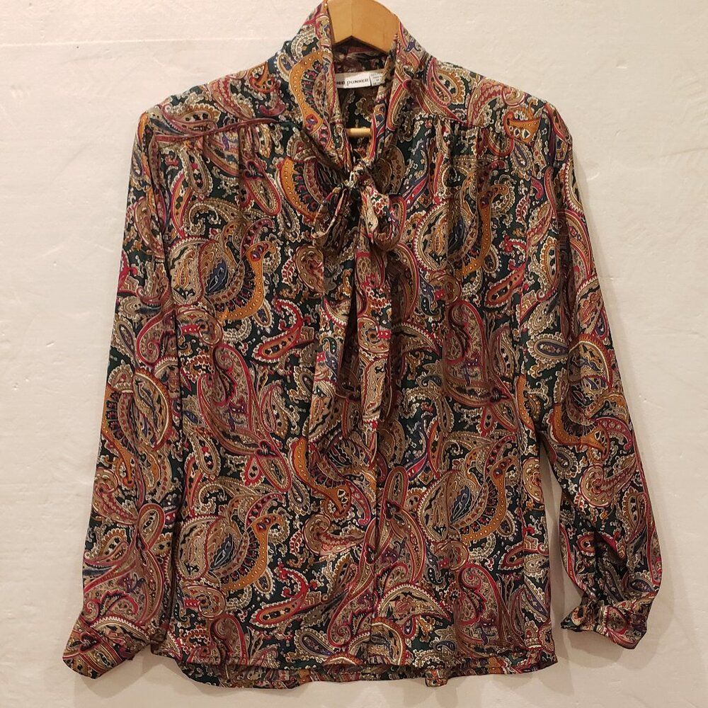 Allfred Dunner Long Sleeve Button Down Top with Neck Bow with Paisley Print
